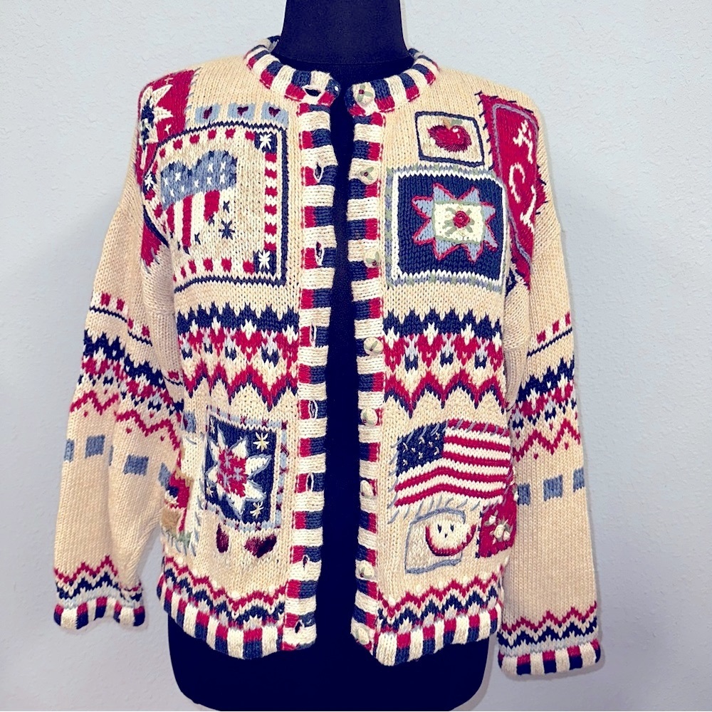 Women’s vtg Heirloom Collectibles teacher Americana cardigan sweater sz L - Picture 1 of 11